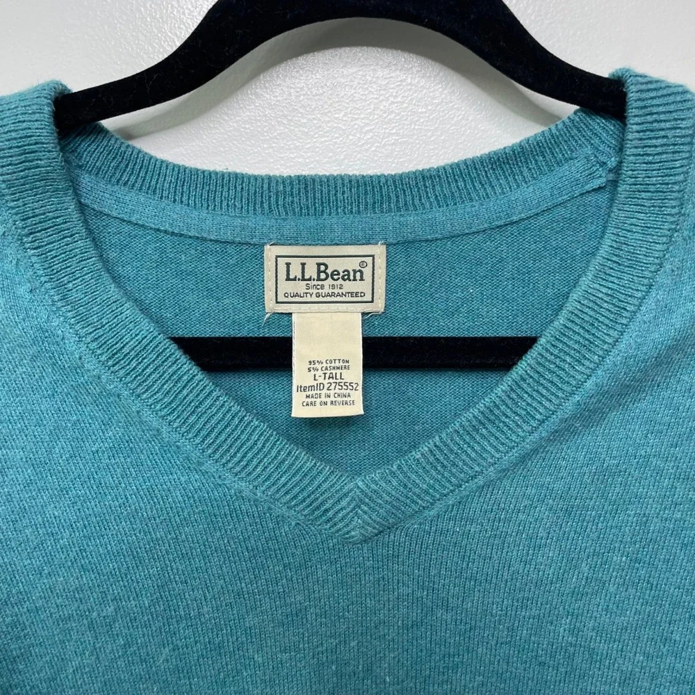 LL Bean Mens V-Neck Sweater Teal Blue Cotton Cashmere Blend L-Tall Preppy Gorp